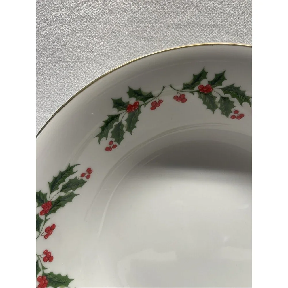 Vintage Porcelain Holly Serving Bowl Japan Mogi Christmas Gold Rim Holly 9 1/4